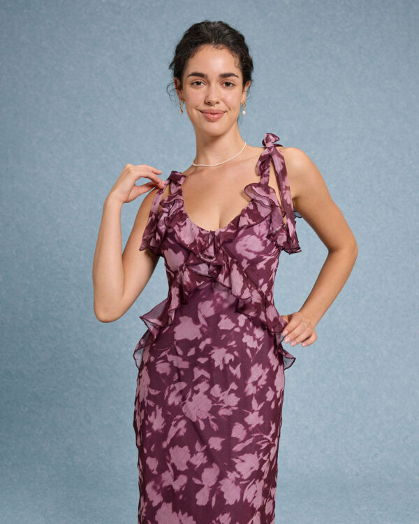Purple Floral Ruffle Tie Strap Maxi Dress - Image 5