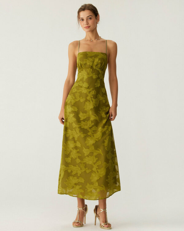 Green Floral Ruched Backless Slip Maxi Dress - Image 4