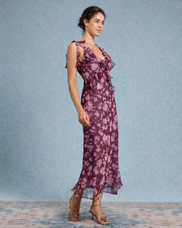 Purple Floral Ruffle Tie Strap Maxi Dress - Image 6