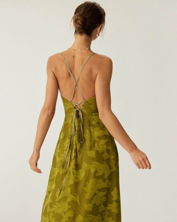 Green Floral Ruched Backless Slip Maxi Dress - Image 3