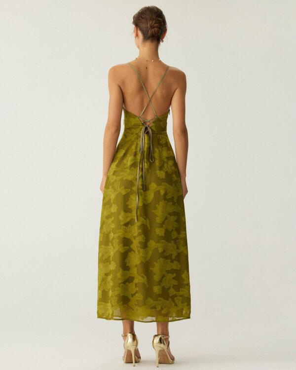 Green Floral Ruched Backless Slip Maxi Dress - Image 5