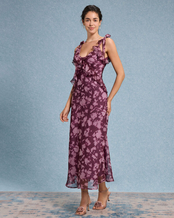 Purple Floral Ruffle Tie Strap Maxi Dress - Image 4