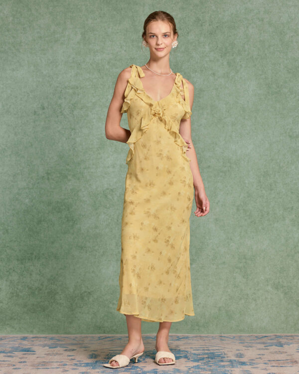 Yellow Floral Chiffon Tie Strap Maxi Dress - Image 6