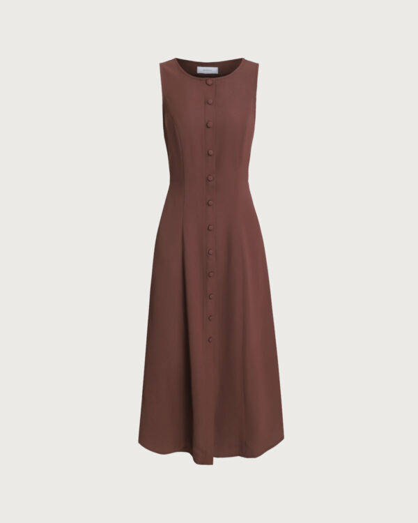 Brown Round Neck Button Sleeveless Maxi Dress - Image 7