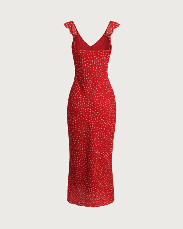 Red Floral V Neck Ruffle Maxi Dress - Image 2
