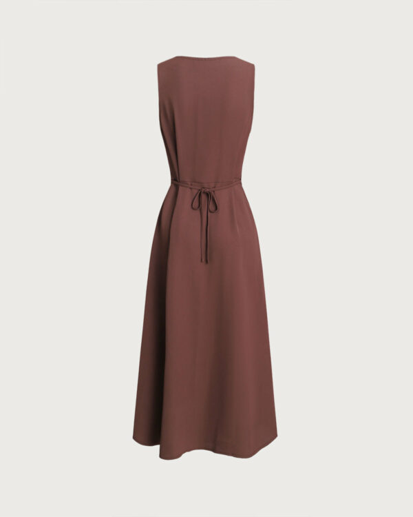Brown Round Neck Button Sleeveless Maxi Dress - Image 8
