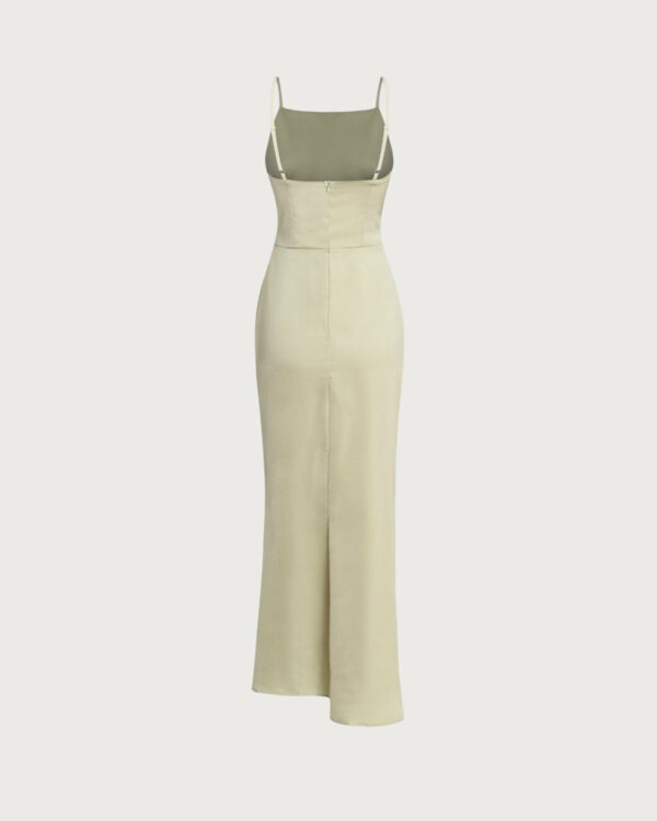 Green Ruched Slit Slip Maxi Dress - Image 2