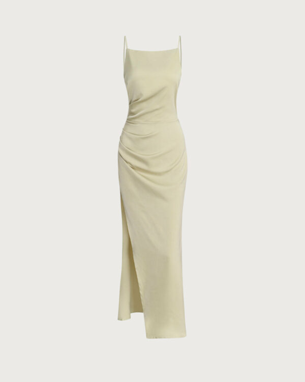 Green Ruched Slit Slip Maxi Dress