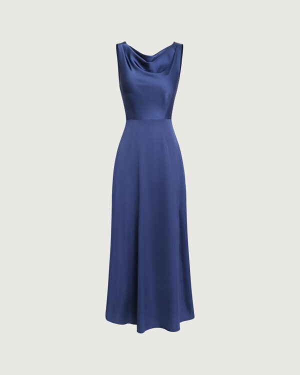 Navy Cowl Neck Satin Sleeveless Maxi Dress - Image 5