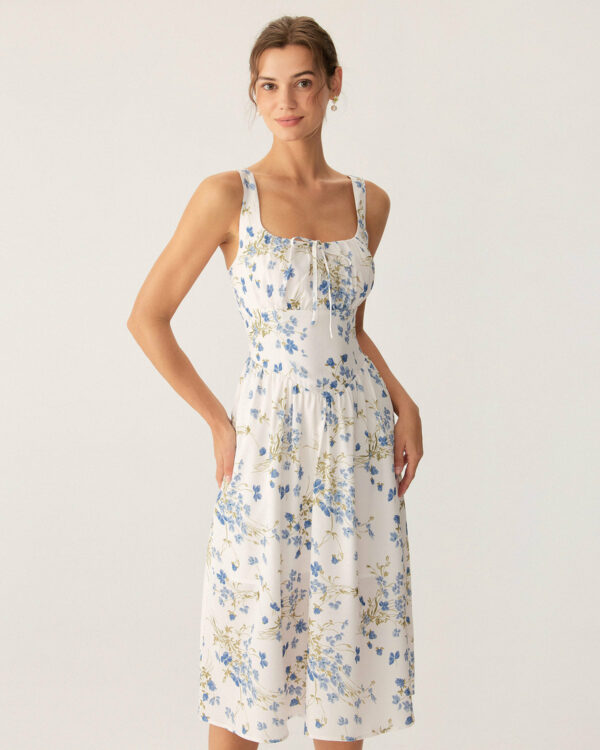 Blue Floral U Neck A-Line Midi Dress
