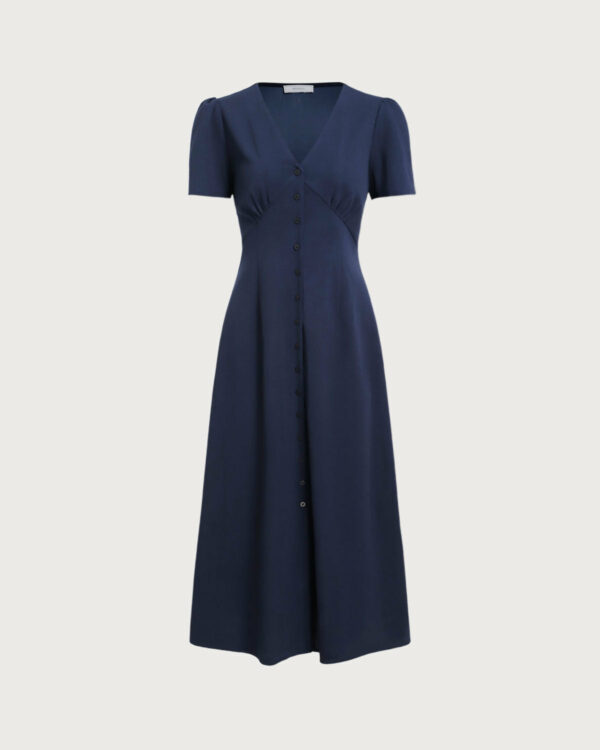 Blue V Neck Button Pleated Midi Dress - Image 6