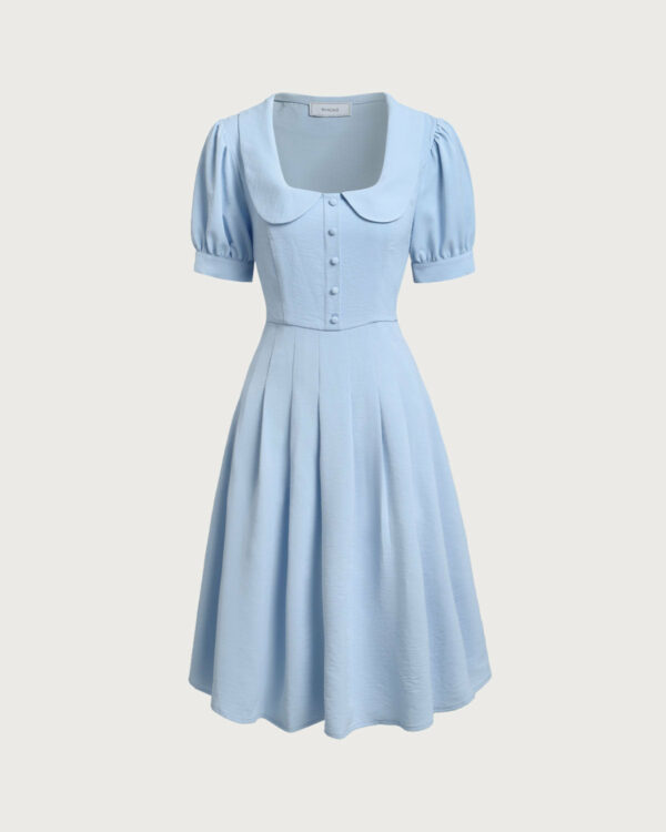 Blue U Neck Puffed Sleeve Pleated Midi Dress - Image 6