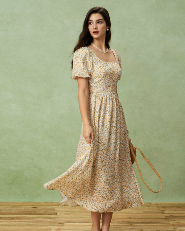Yellow Floral Puffed Sleeve Midi Dress - Image 5
