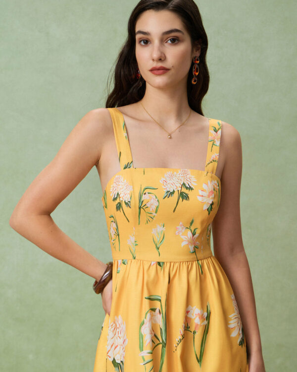Yellow Floral A-Line Slip Midi Dress - Image 2