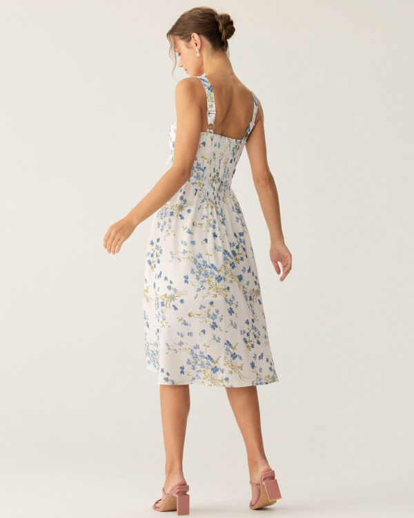 Blue Floral U Neck A-Line Midi Dress - Image 4