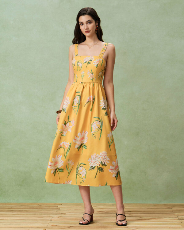Yellow Floral A-Line Slip Midi Dress - Image 4