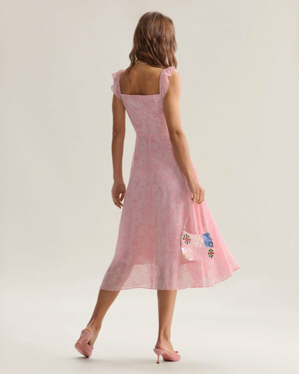 Pink Square Neck Ruffle Midi Dress - Image 5
