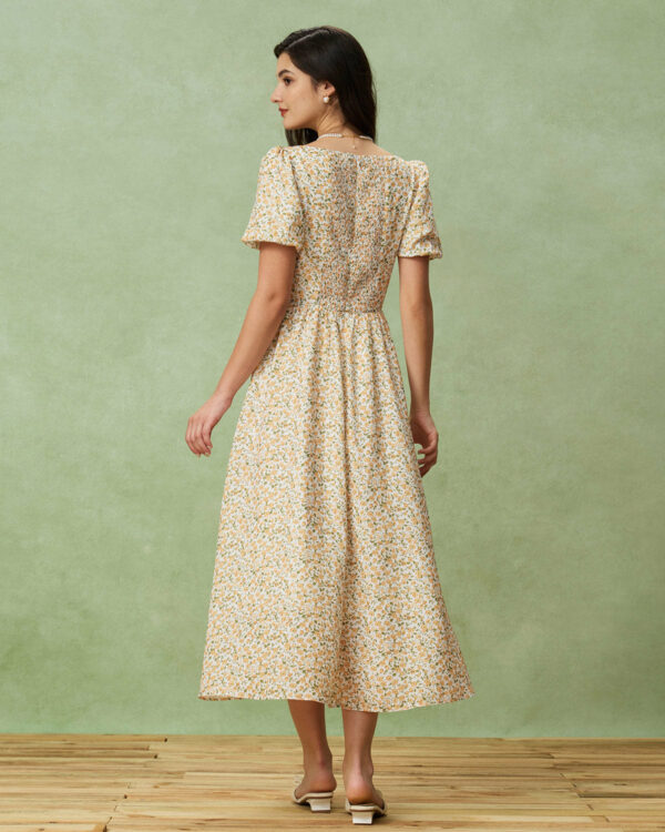 Yellow Floral Puffed Sleeve Midi Dress - Image 6