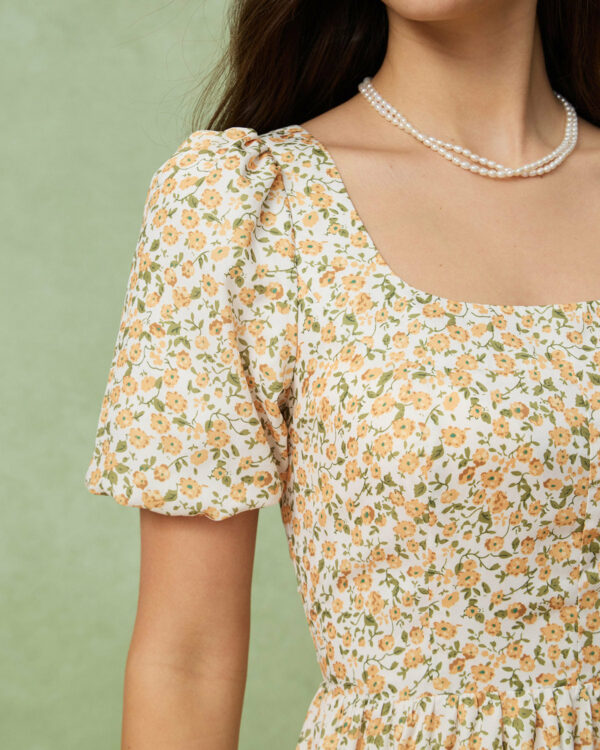 Yellow Floral Puffed Sleeve Midi Dress - Image 3