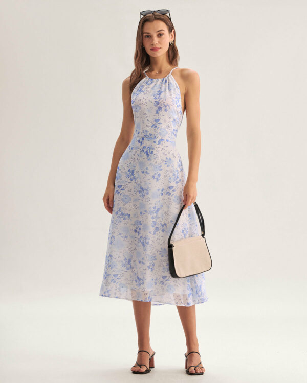 Blue Floral Halter Midi Dress - Image 4