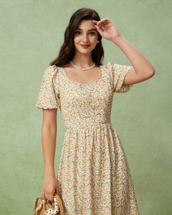 Yellow Floral Puffed Sleeve Midi Dress - Image 2