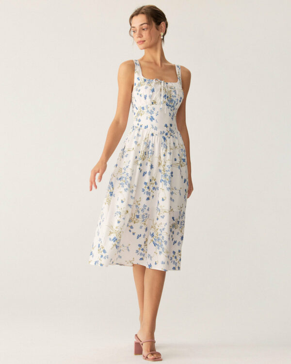 Blue Floral U Neck A-Line Midi Dress - Image 3