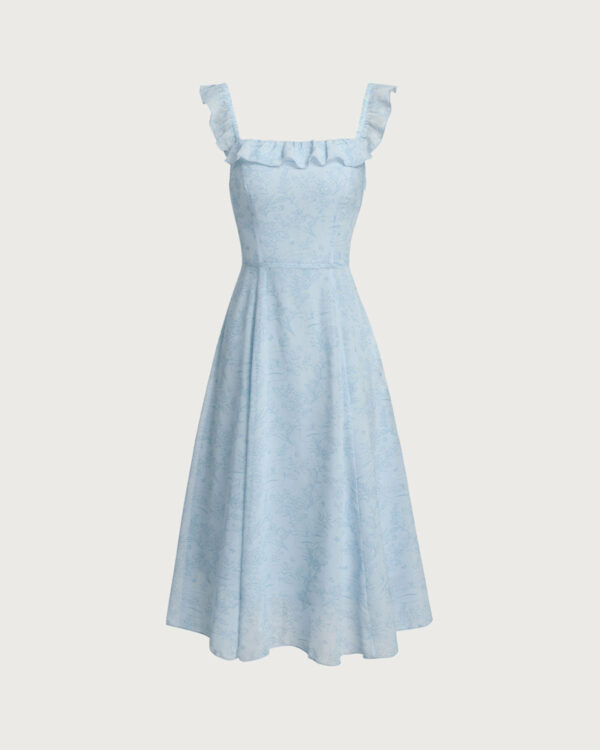 Blue Square Neck Ruffle Midi Dress - Image 6