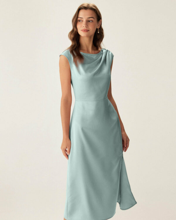 Blue Satin Boat Neck Slit Sleeveless Midi Dress - Image 3