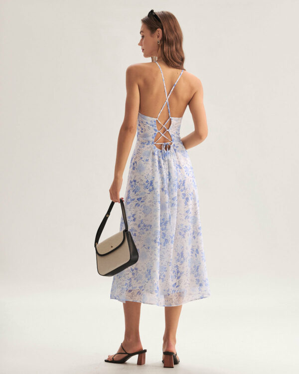 Blue Floral Halter Midi Dress - Image 5