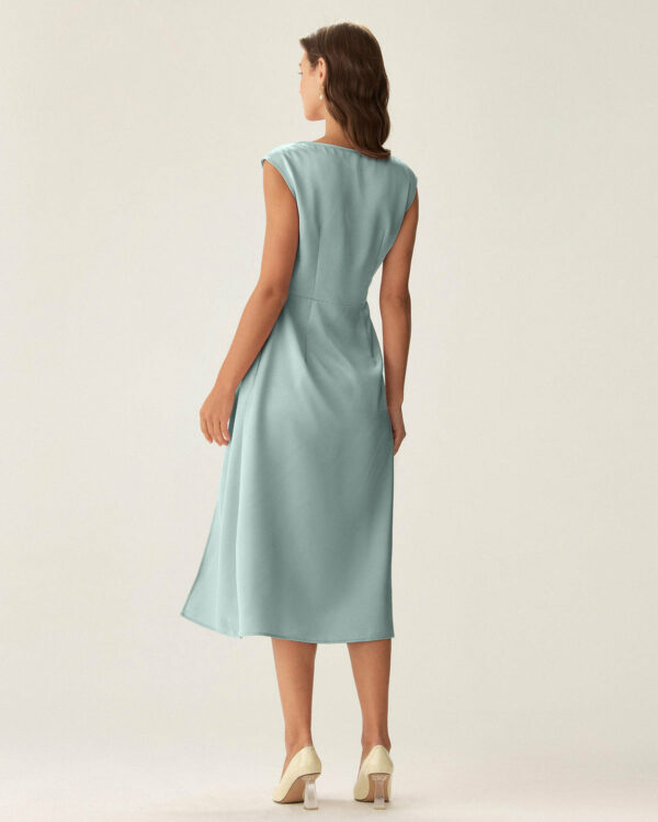 Blue Satin Boat Neck Slit Sleeveless Midi Dress - Image 4