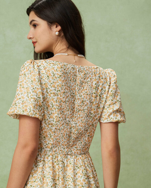 Yellow Floral Puffed Sleeve Midi Dress - Image 4