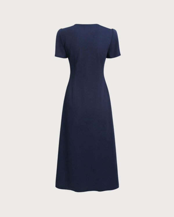 Blue V Neck Button Pleated Midi Dress - Image 7