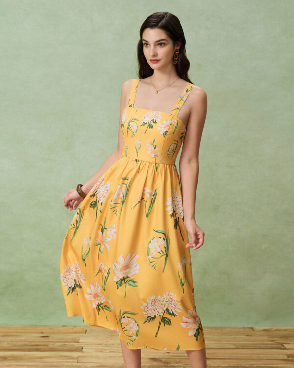 Yellow Floral A-Line Slip Midi Dress - Image 3