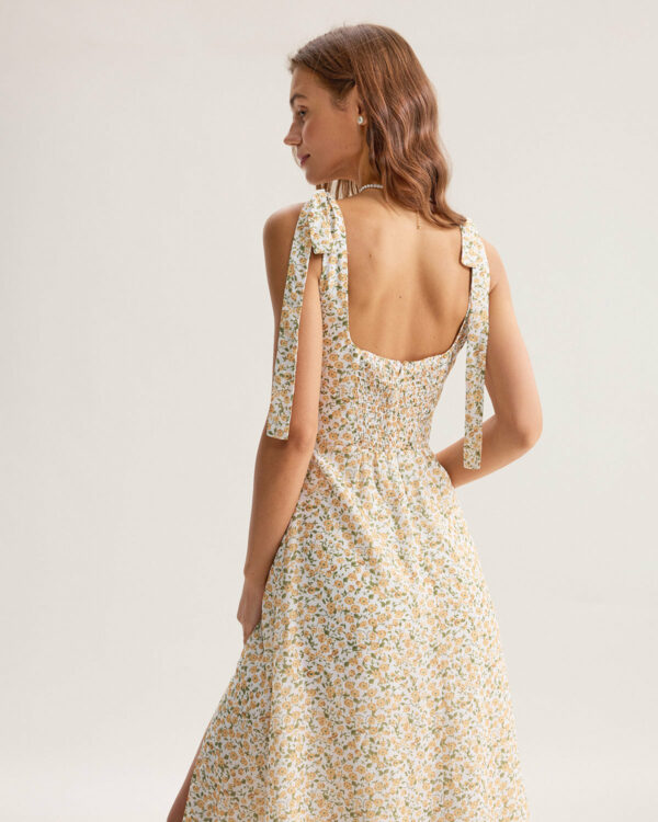 Yellow Floral Shirred Slip Midi Dress - Image 4