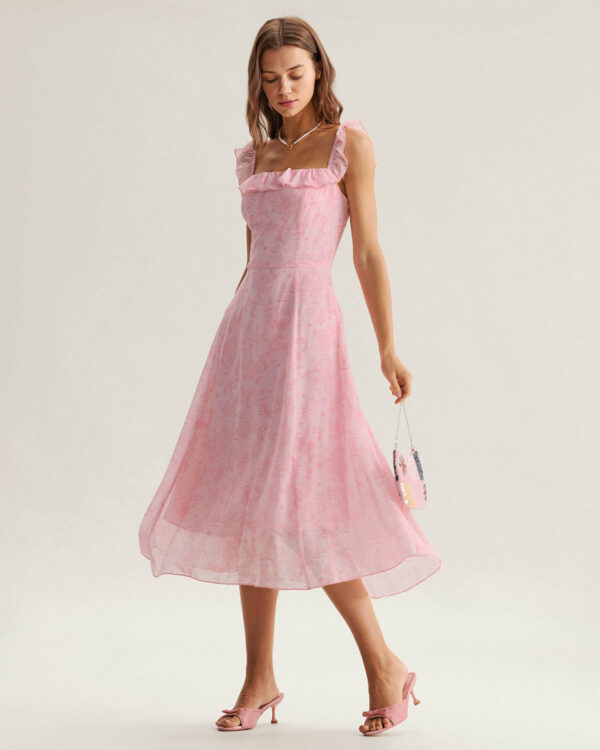 Pink Square Neck Ruffle Midi Dress - Image 4