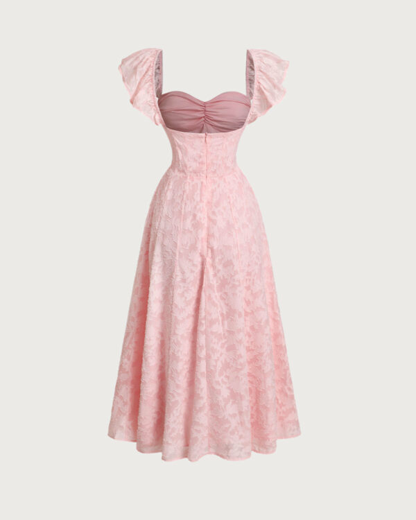 Pink Jacquard Ruched Square Neck Midi Dress - Image 2