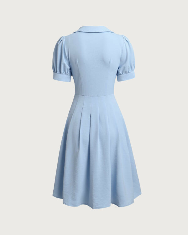 Blue U Neck Puffed Sleeve Pleated Midi Dress - Image 7