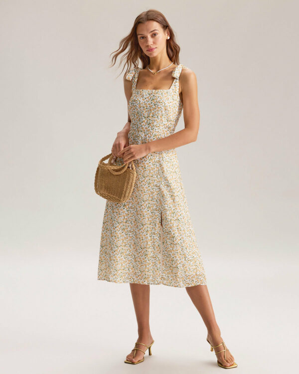Yellow Floral Shirred Slip Midi Dress - Image 6