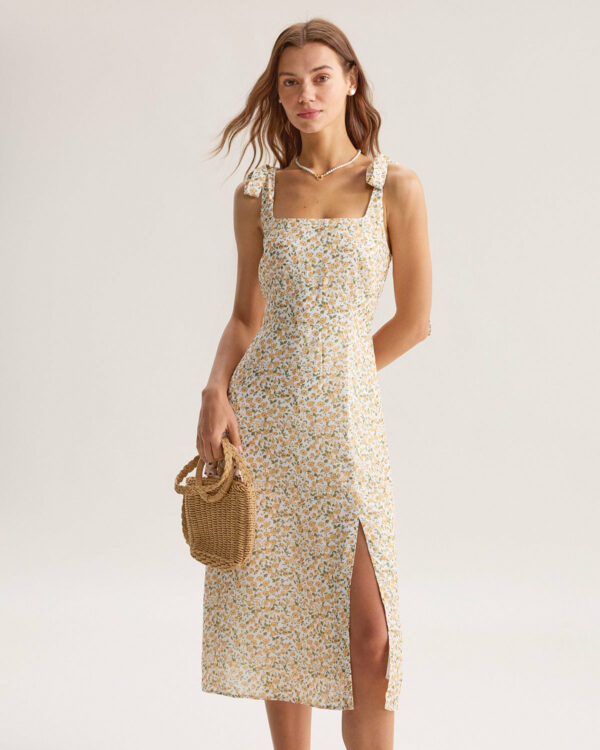 Yellow Floral Shirred Slip Midi Dress