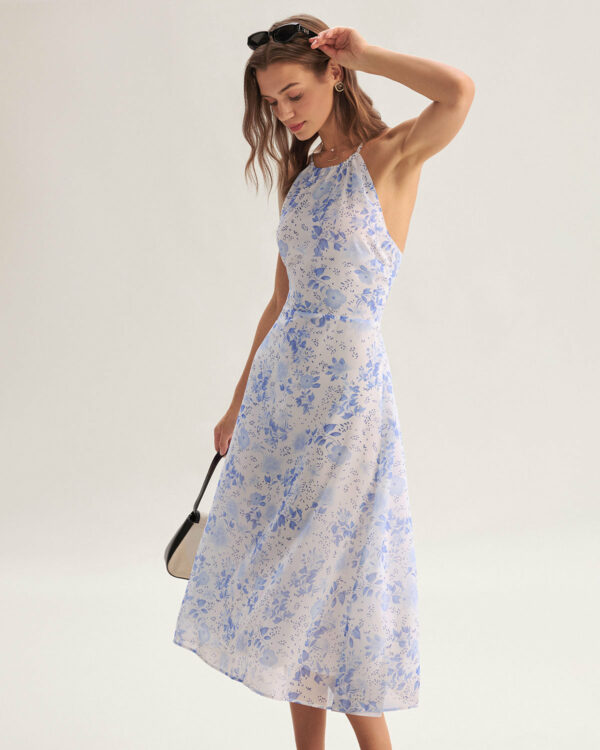 Blue Floral Halter Midi Dress - Image 3