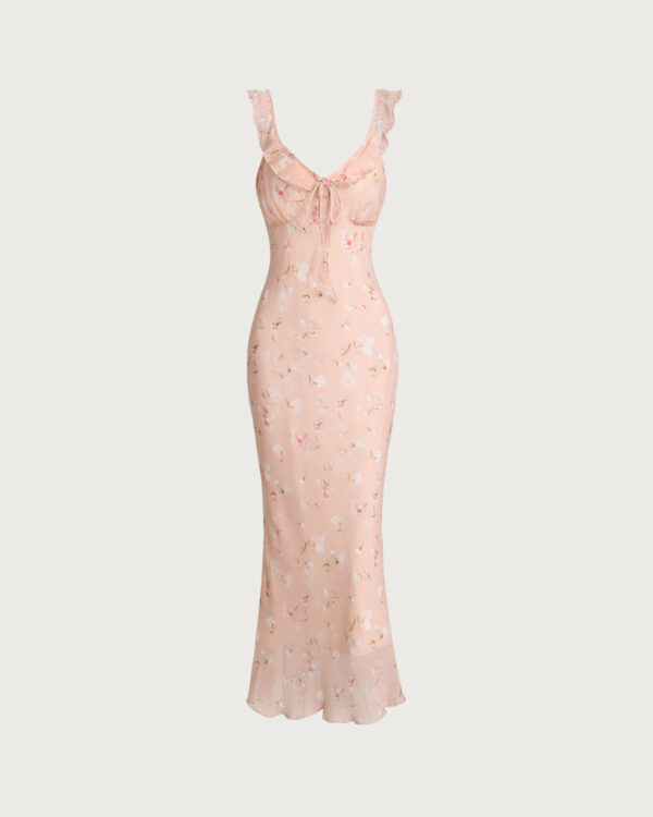 Pink Floral Ruffle Slip Midi Dress
