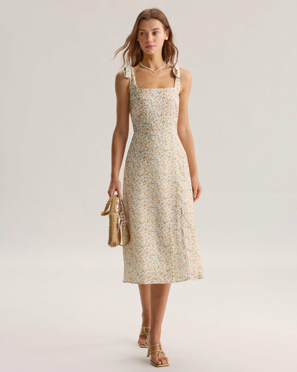 Yellow Floral Shirred Slip Midi Dress - Image 5