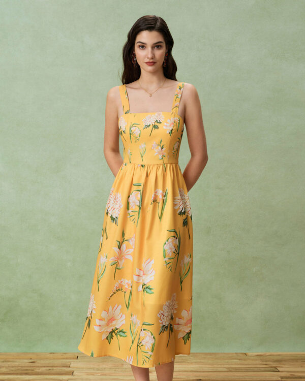 Yellow Floral A-Line Slip Midi Dress