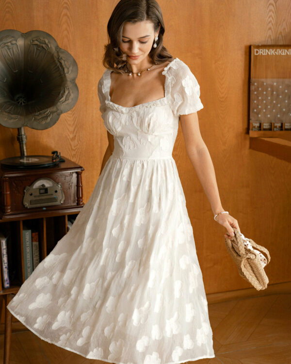 Beige Square Neck Puffed Sleeve Midi Dress - Image 2