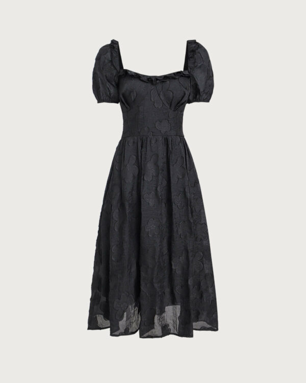 Black Square Neck Puffed Sleeve Midi Dress - Image 6