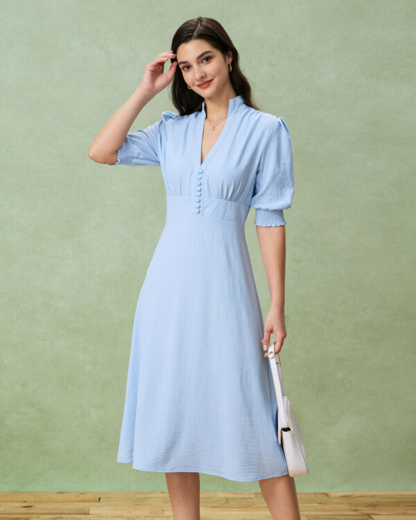 Blue Puffed Sleeve Pleated Midi Dress - Image 3