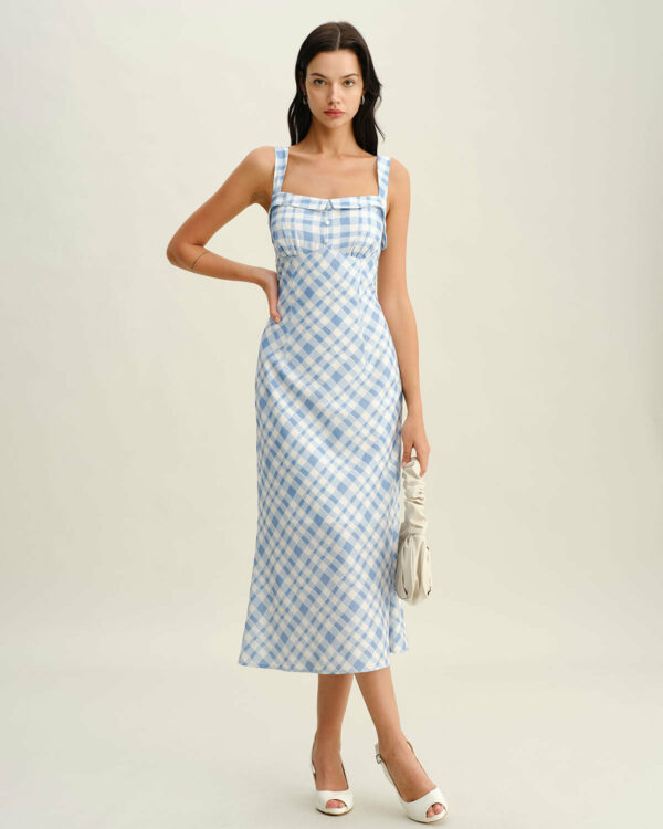 Blue Plaid Square Neck Slip Midi Dress - Image 5