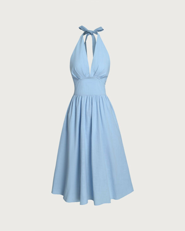 Blue Halter Pleated Midi Dress - Image 6