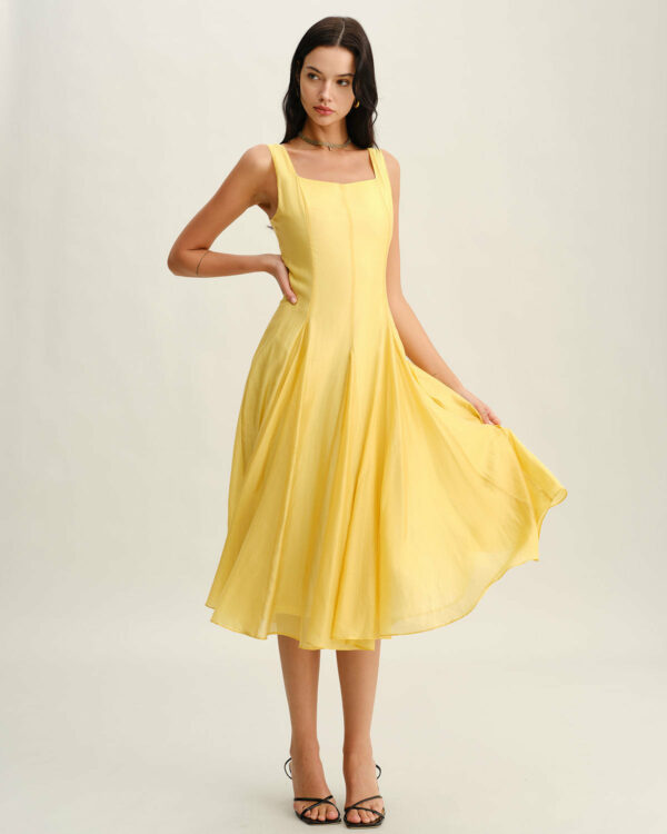 Yellow Square Neck Pleated Slip Midi Dress - Image 5