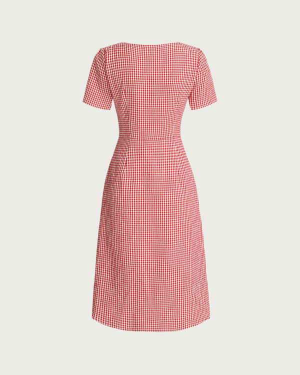 Red Plaid Square Neck Midi Dress - Image 6